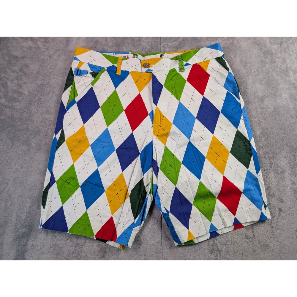 Royal & Awesome Mens Argyle Golf Shorts Multi Color Pattern Size 36 Flat Front